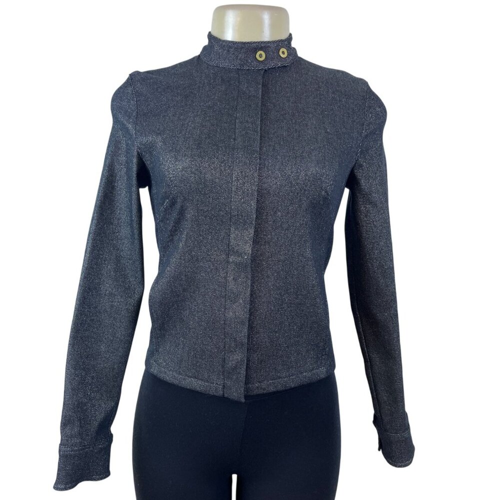 MNG Denim Jacket Women's Dark Blue Long Sleeve Gold Buttons High Collar Sz S